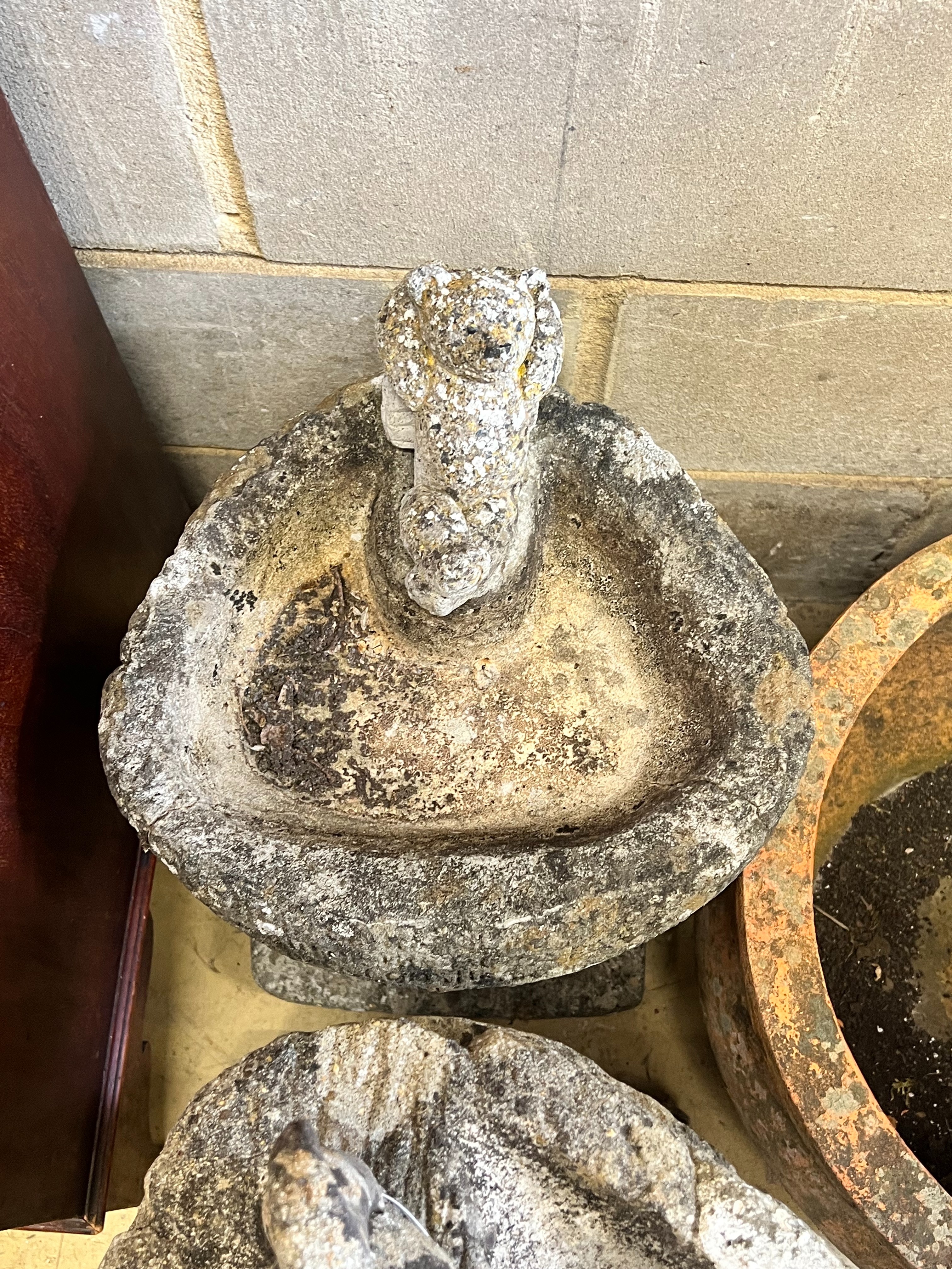 Two reconstituted stone garden bird baths, tallest 66cm